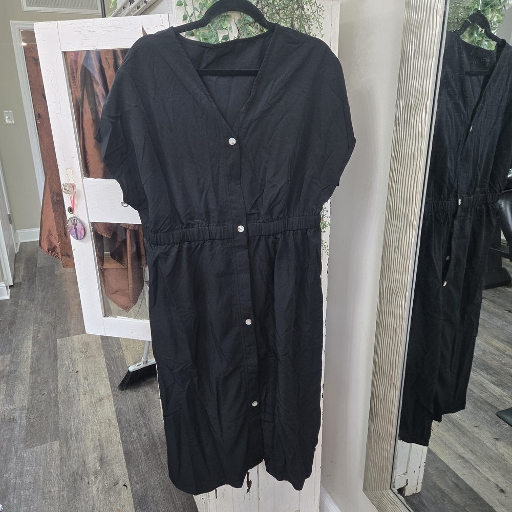 XL Black Midi Dress with Buttons Elastic Waist Goth Grunge Minimalist